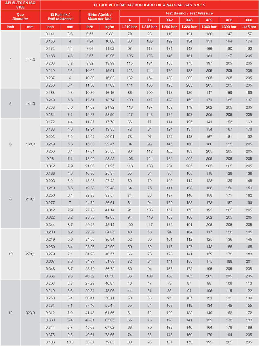 Doğalgaz ve Petrol Hat Boruları Teknik Tablo 2